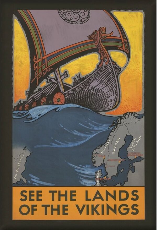 Sweden travel poster named “See the land of the Vikings” printed as a fridge magnet.