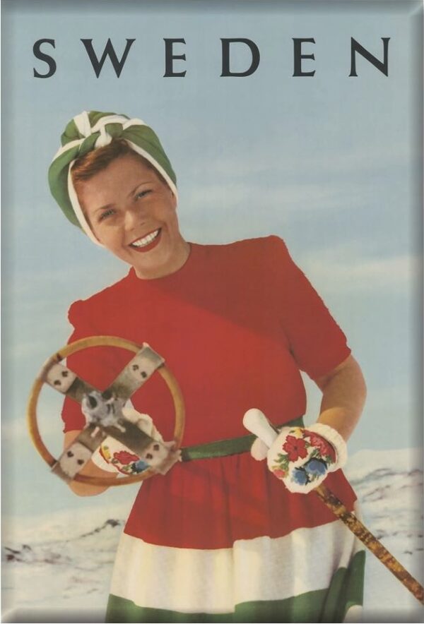 Sweden travel poster named “The skiing girl” printed as a fridge magnet.