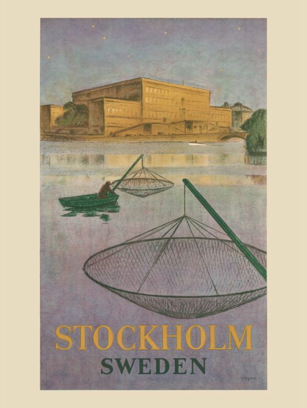 Vintage Sverige reseaffisch med tema “Fiskare på Stockholms ström”, i storlek 30x40 cm