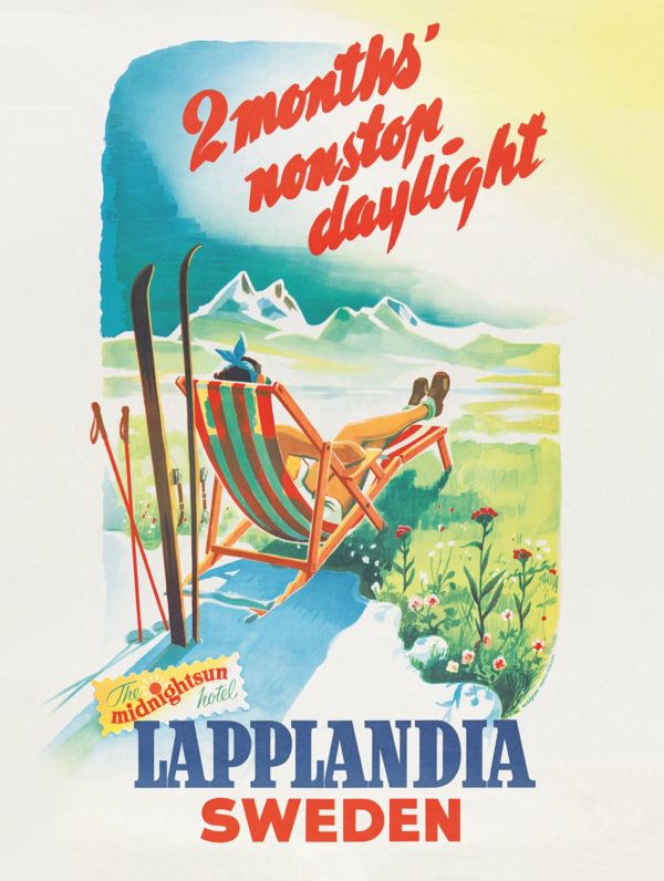 Vintage Sverige reseaffisch med tema “Lapplandia solstol”, i storlek 30x40 cm