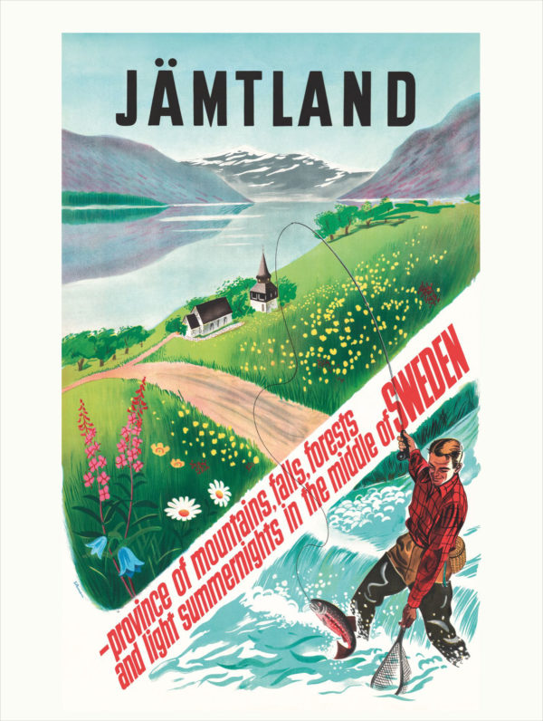 Vintage Sweden travel poster named “Fisherman in Jämtland” in size 30x40 cm.