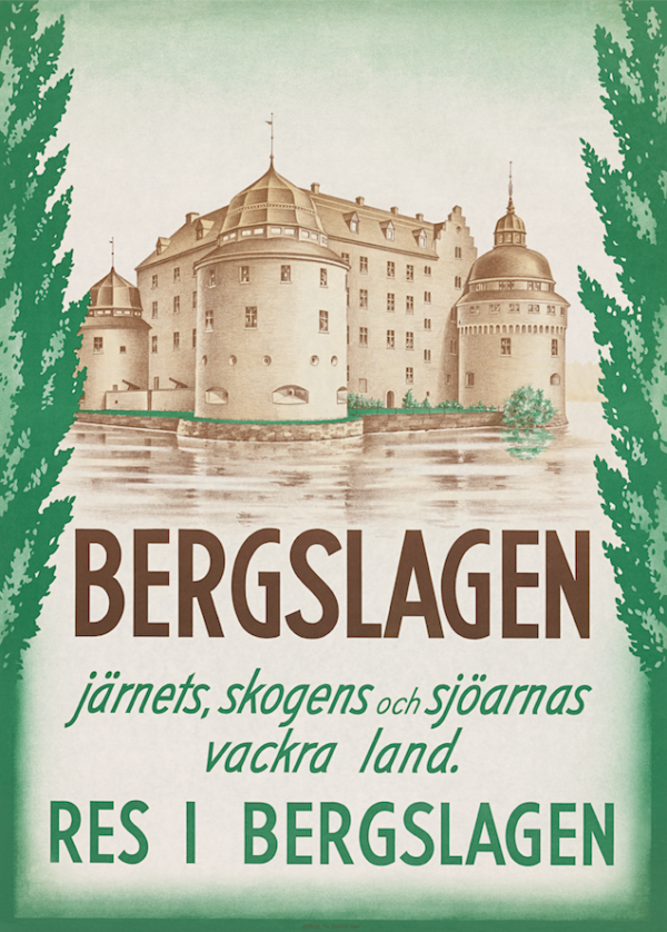 Sweden travel poster named “Bergslagen” printed as a postcard