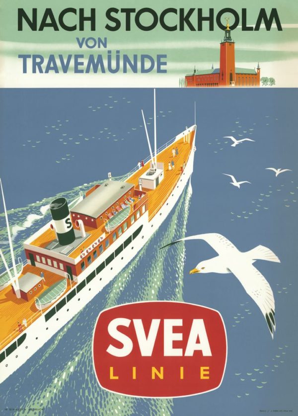 Vintage Sweden travel poster named “Nach Stockholm von Travemünde” in size A4.