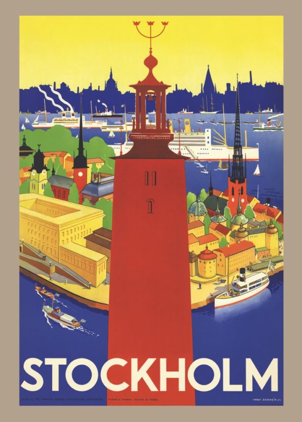 Vintage Sweden travel poster named “Donnér: The city hall in Stockholm” in size 50x70 cm.