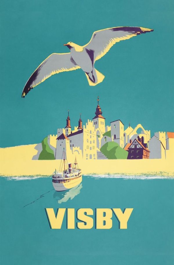 Reseaffisch Sverige som heter “Visby från havet”, tryckt på ett postkort.