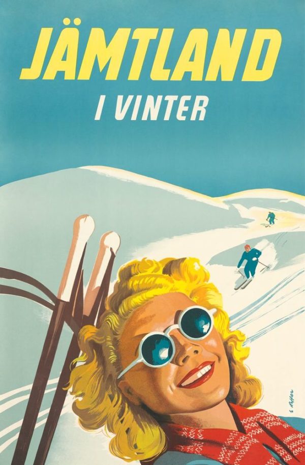 Sweden travel poster named “Winter in Jämtland” printed as a postcard