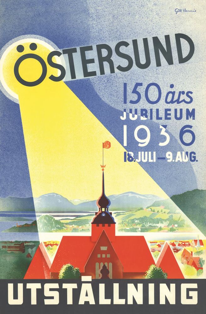 Reseaffisch Sverige som heter “Östersund 150 år”, tryckt på ett postkort.