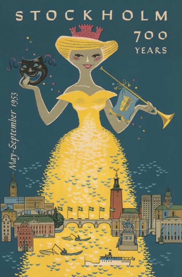 Sweden travel poster named “Stockholm 700 years” printed as a postcard