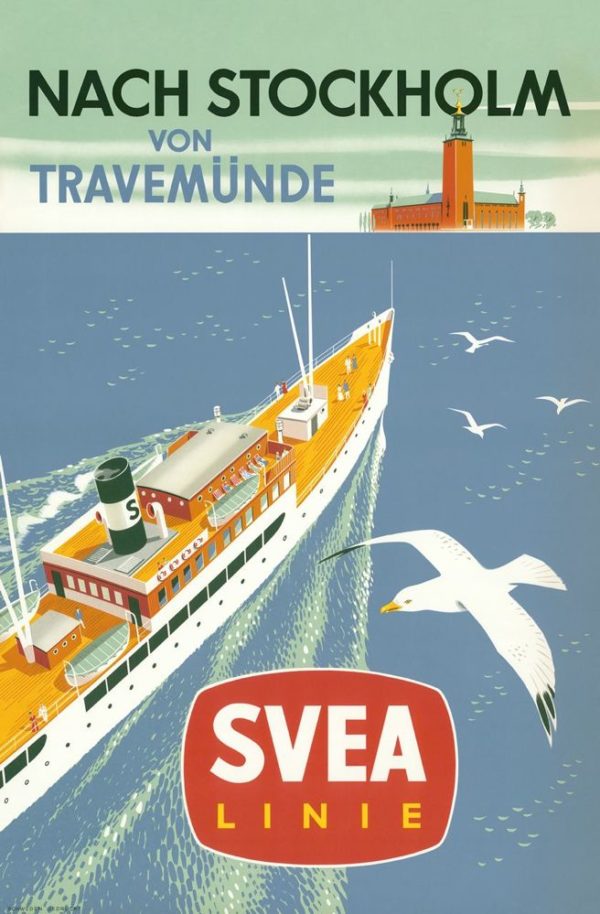 Sweden travel poster named “Nach Stockholm von Travemünde” printed as a postcard