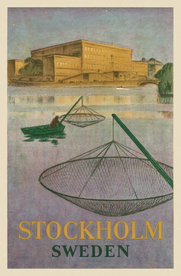 Sweden travel poster named “A fisherman in Stockholm” printed as a postcard