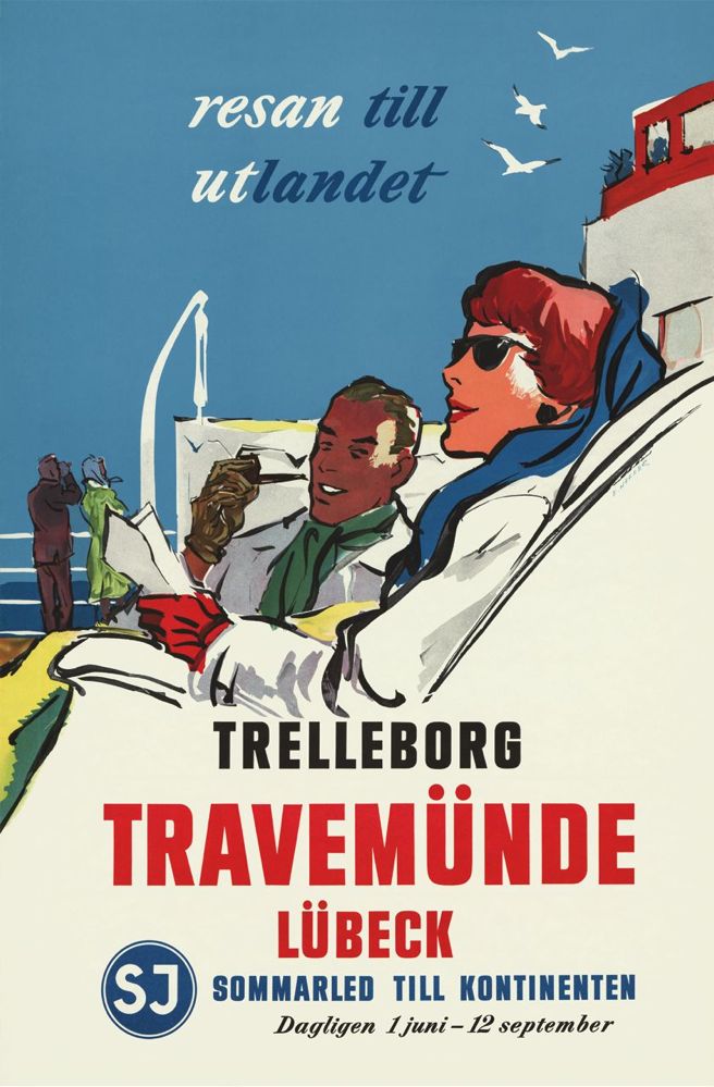 CTS_VK34_2.trelleborg-travemunde.erik.heffer_postkort_124x189mm_01_flat Reseaffisch Sverige som heter “Solstolar på båt”, tryckt på ett postkort.