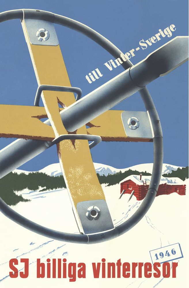 Reseaffisch Sverige som heter “SJ - Truga till vintersverige”, tryckt på ett postkort.