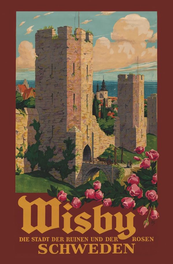 Sweden travel poster named “Visby, roses and the wall” printed as a postcard
