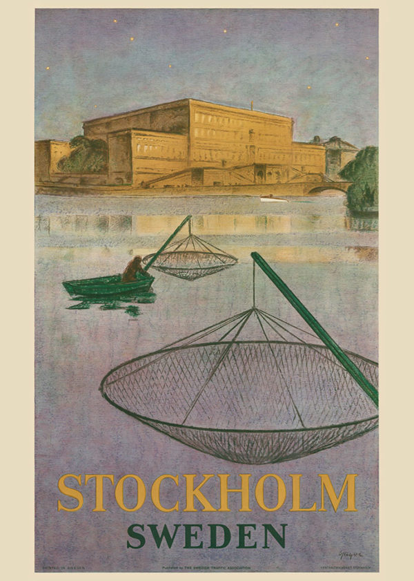 Vintage Sverige reseaffisch med tema “Fiskare på Stockholms ström”, i storlek A4