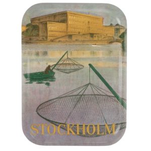 Bricka som föreställer en fiskare i Stockholm
