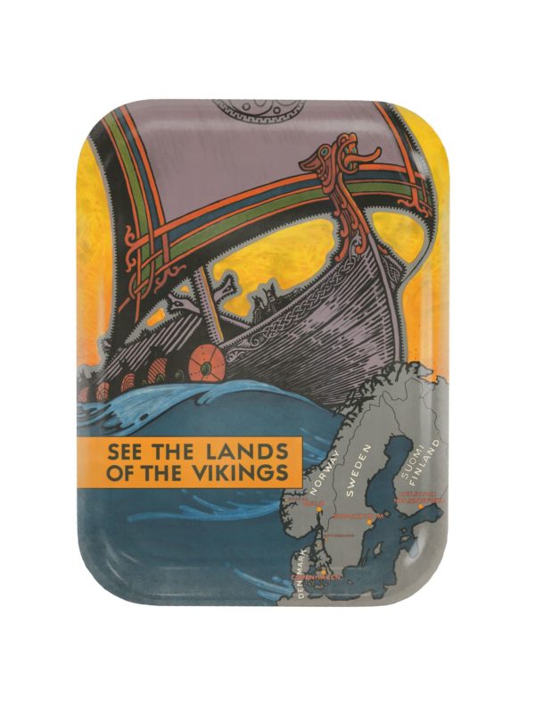 Sweden travel poster printed on wooden tray, named “See the land of the Vikings”