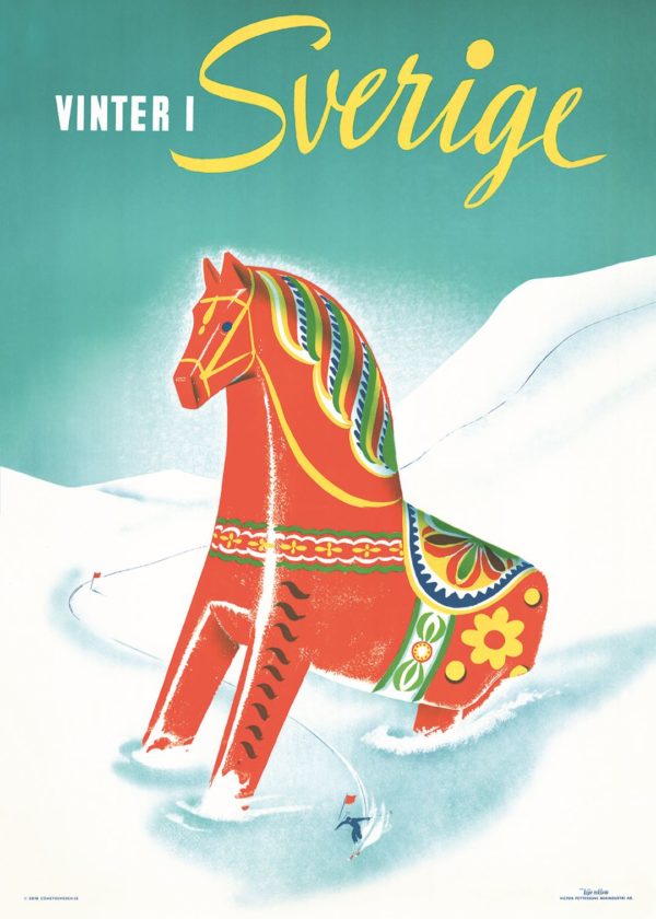 Vintage Sweden travel poster named “Winter Dalahorse” in size A4.