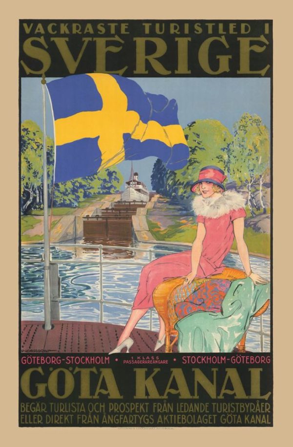 Sweden travel poster named “Göta Kanal Scenery” printed as a postcard