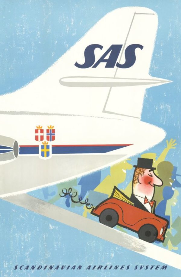 Sweden travel poster named “SAS drive and fly” printed as a postcard