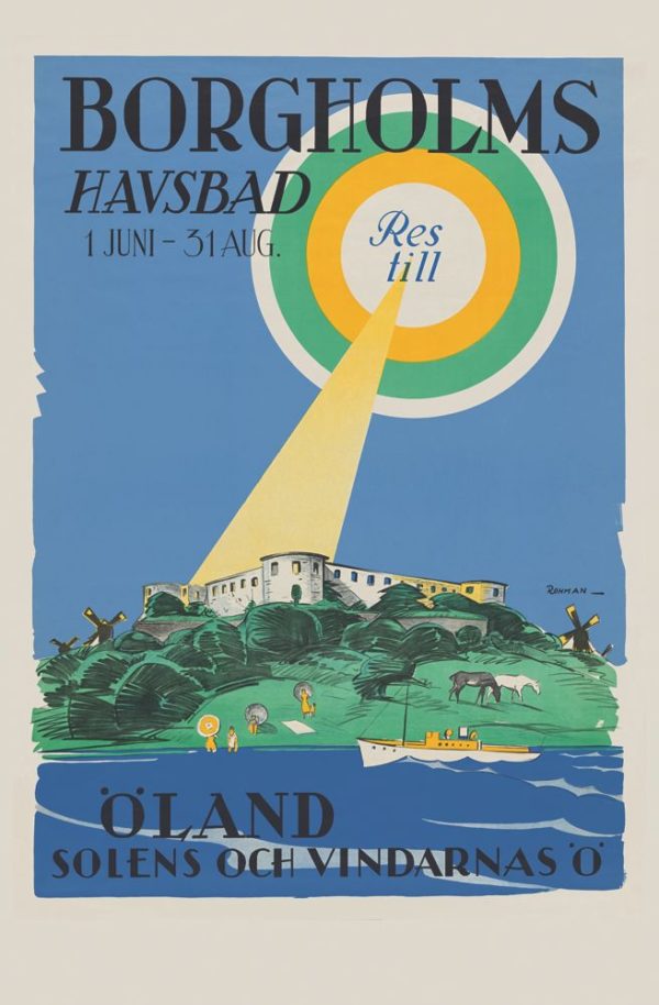 Sweden travel poster named “The sea bath in Borgholm” printed as a postcard