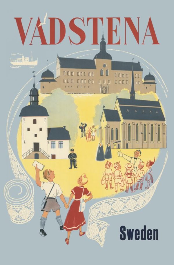 Sweden travel poster named “Vadstena” printed as a postcard