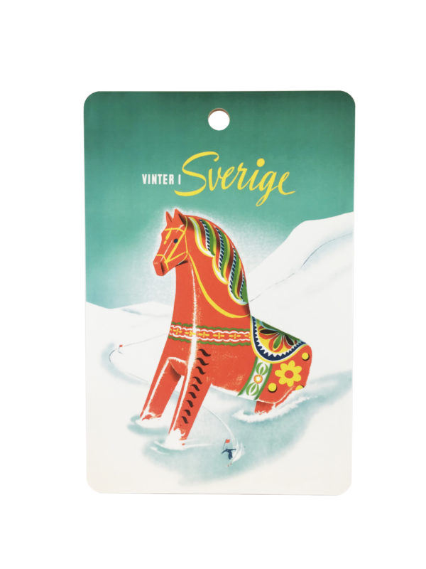 Sweden travel poster printed on a wooden serving platter, named “Winter Dalahorse”