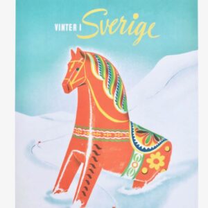 Affisch Vinter i Sverige med Dalahästen som skärbräde