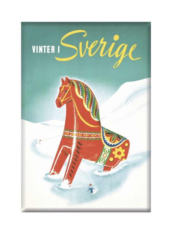 Sweden travel poster named “Winter Dalahorse” printed as a fridge magnet.