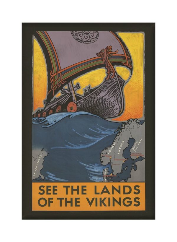 Sweden travel poster named “See the land of the Vikings” printed as a fridge magnet.