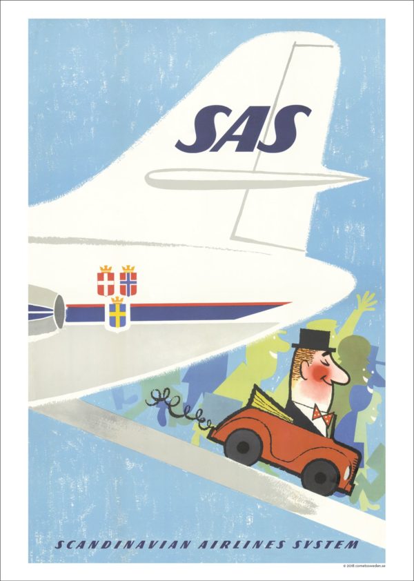 Vintage Sweden travel poster named “SAS drive and fly” in size A4.