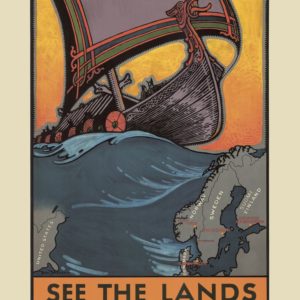 Affisch som föreställer Sverige, vikingarnas land