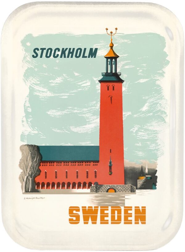 Sweden travel poster printed on wooden tray, named “Kauffer: The city hall in Stockholm”