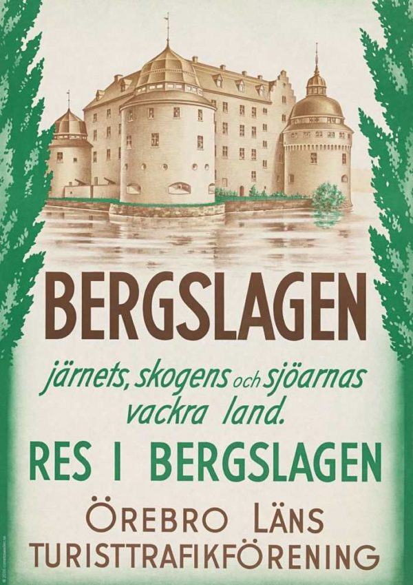 Vintage Sverige reseaffisch med tema “Bergslagen”, i storlek A4