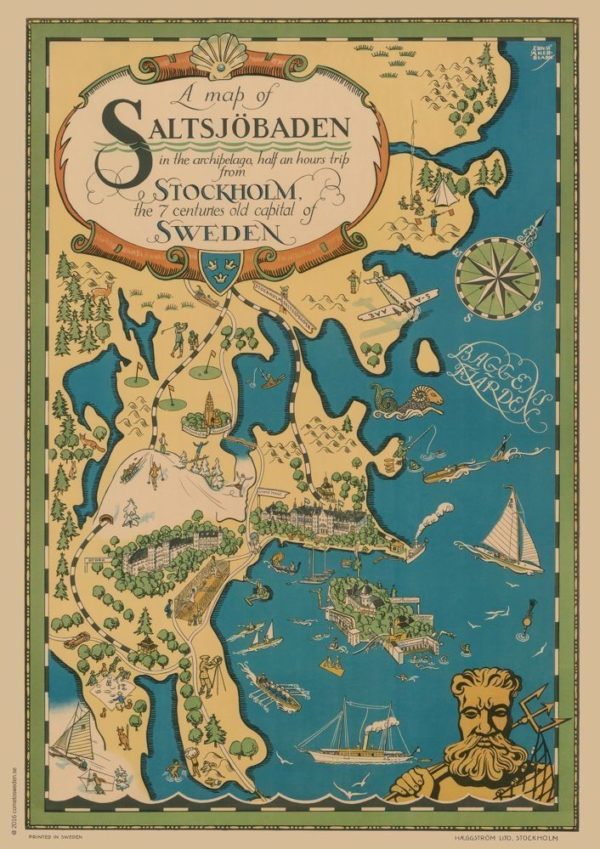 Vintage Sweden travel poster named “Saltsjöbaden Map” in size A4.