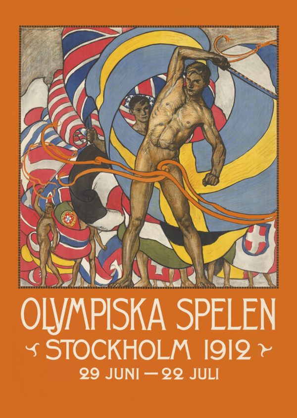 Vintage Sverige reseaffisch med tema “OS 1912”, i storlek A4