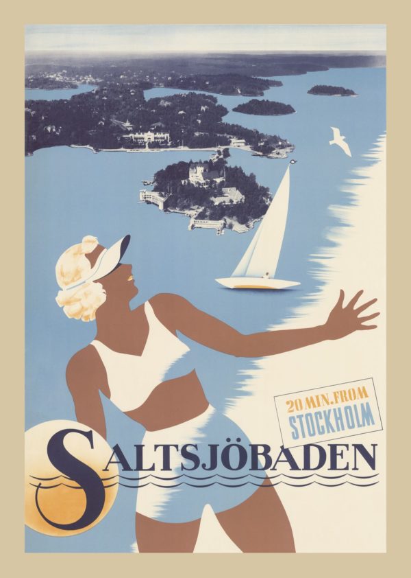 Vintage Sweden travel poster named “Saltsjöbaden 20 min from Stockholm” in size A4.