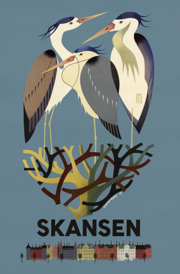 Sweden travel poster named “Herons at Skansen” printed as a postcard