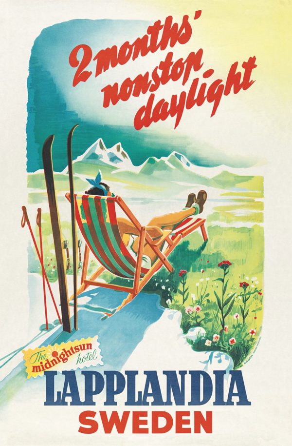 Sweden travel poster named “Lapplandia sunchair” printed as a postcard
