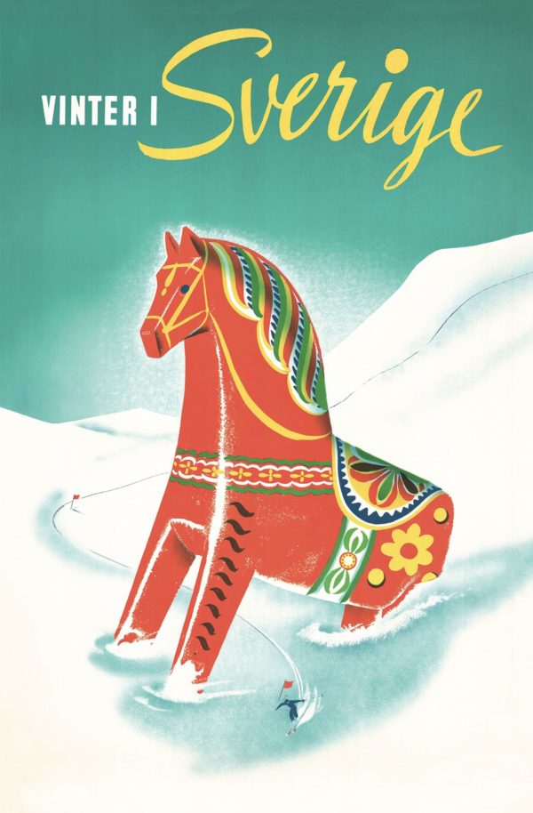 Sweden travel poster named “Winter Dalahorse” printed as a postcard