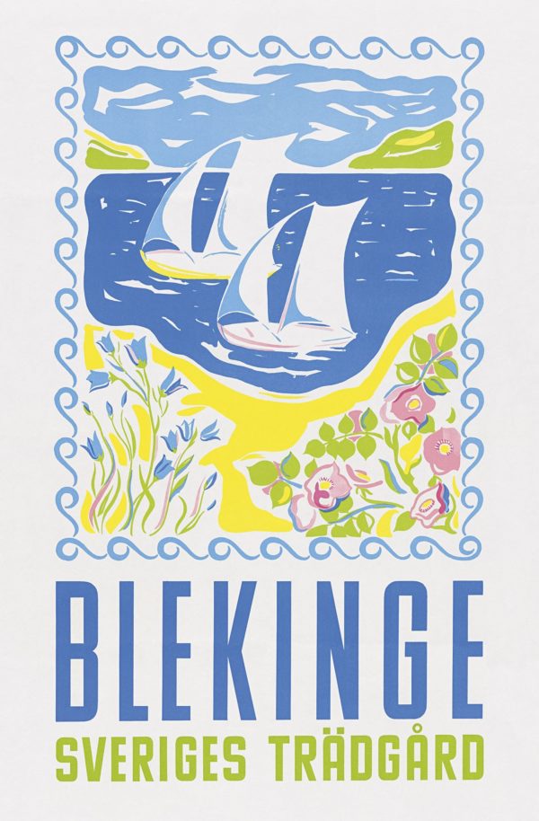 Reseaffisch Sverige som heter “Blekinge”, tryckt på ett postkort.