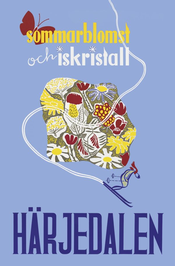 Vintage Sverige reseaffisch med tema “Härjedalen - Sommarblomst och iskristall”, i storlek A4