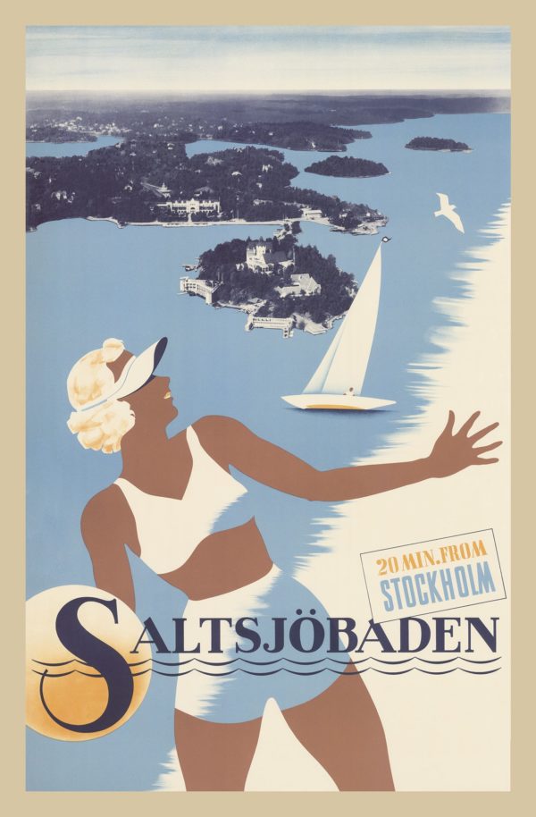 Sweden travel poster named “Saltsjöbaden 20 min from Stockholm” printed as a postcard