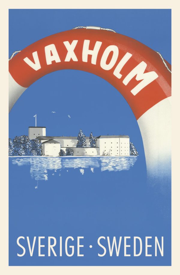 Sweden travel poster named “Vaxholm” printed as a postcard