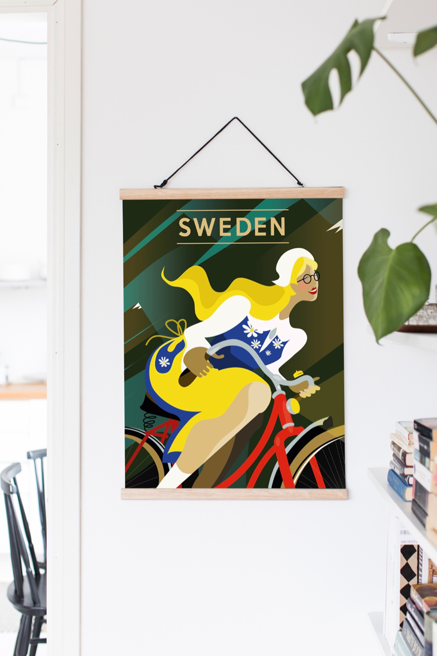 Affisch som föreställer en kvinna på cykel i Sverige
