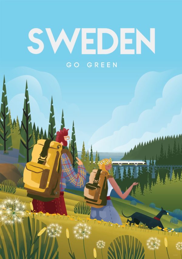 Affisch som föreställer två campare och en hund i Sverige
