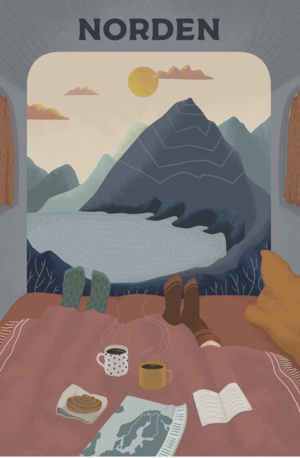 Sweden travel poster named “Morning Coffee by Sabine Stromer” printed as a fridge magnet.