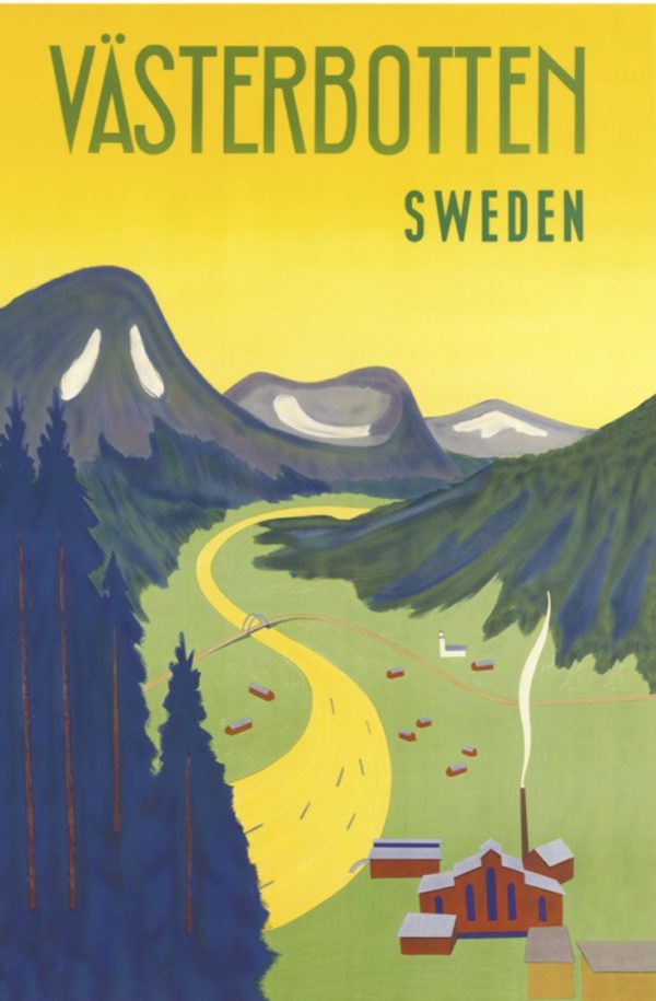 Sweden travel poster named “Västerbotten” printed as a postcard