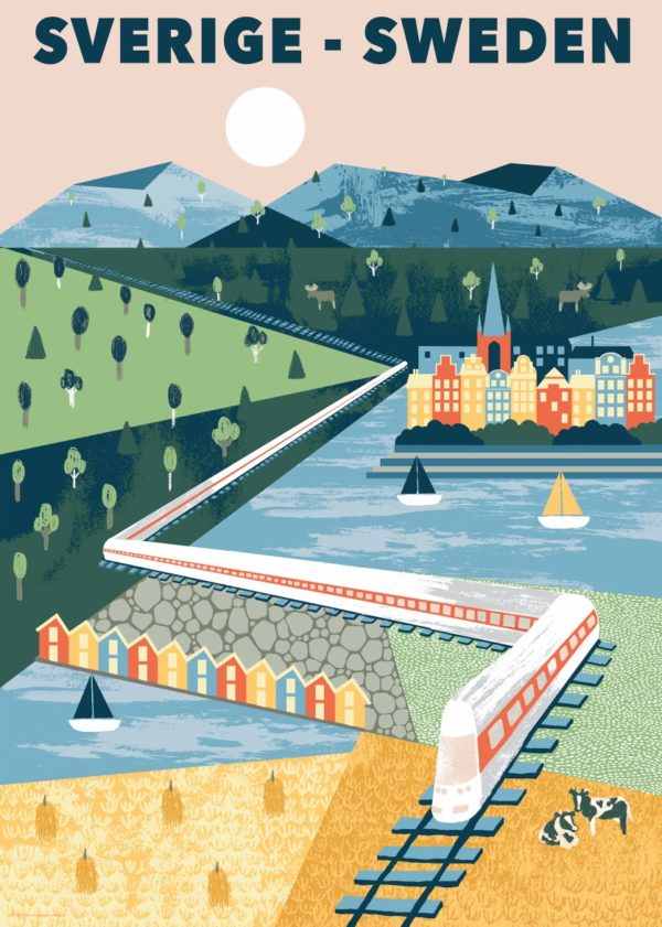 Sweden travel poster named “All aboard! by Ruut Joensuu” printed as a postcard