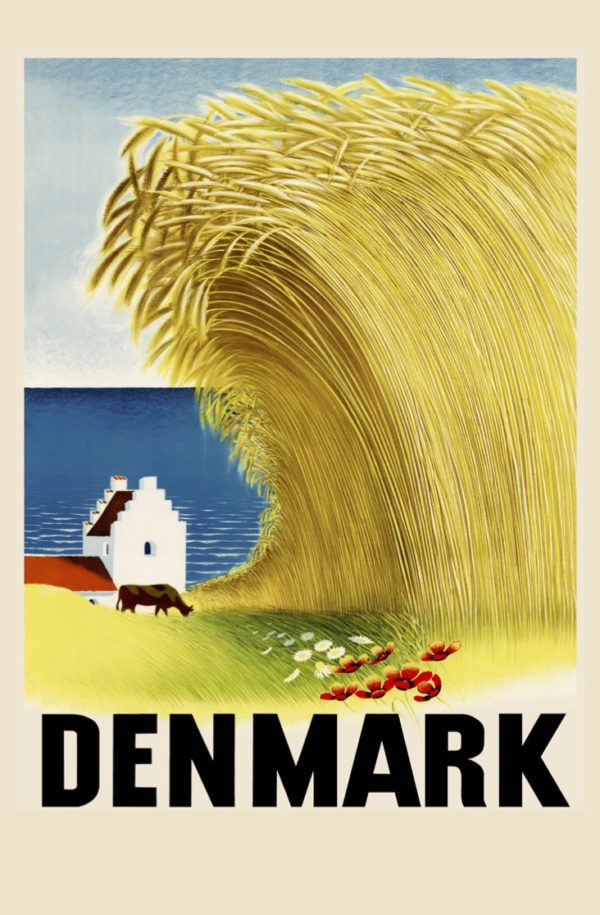 Reseaffisch Sverige som heter “Denmark by Rasmussen”, tryckt på ett postkort.