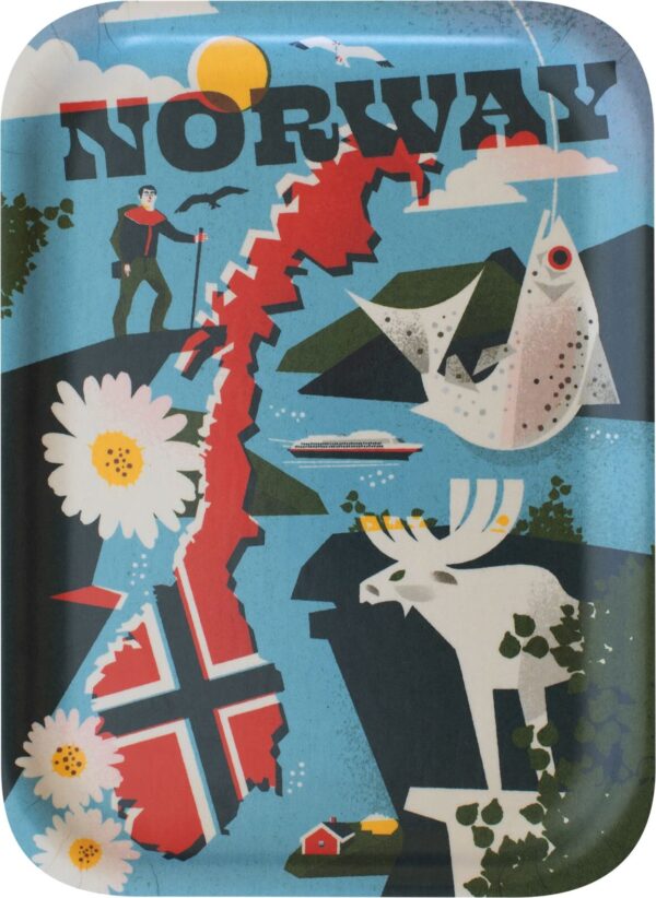 Sweden travel poster printed on wooden tray, named “Norwegian Treasures by Christina Hägerfors”